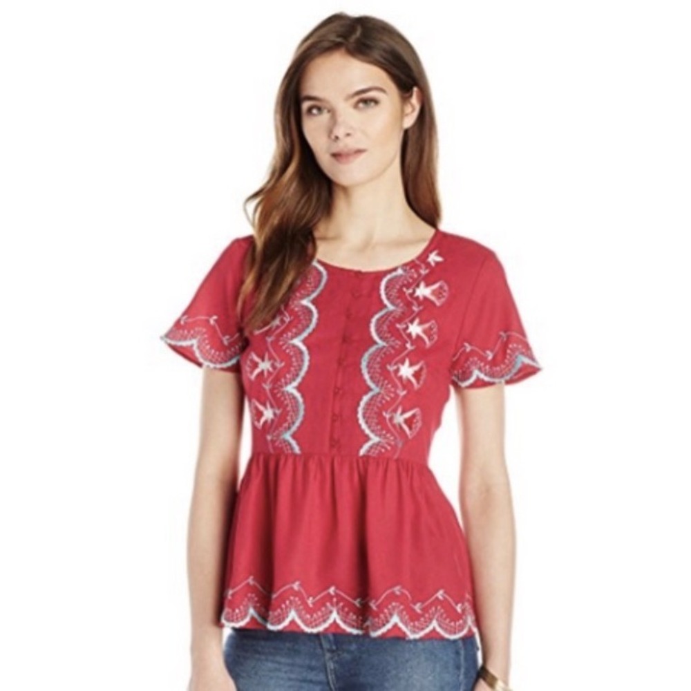 Ella Moon Madalynn Pink Embroidered Peplum Top Short Sleeve Boho Blouse Medium